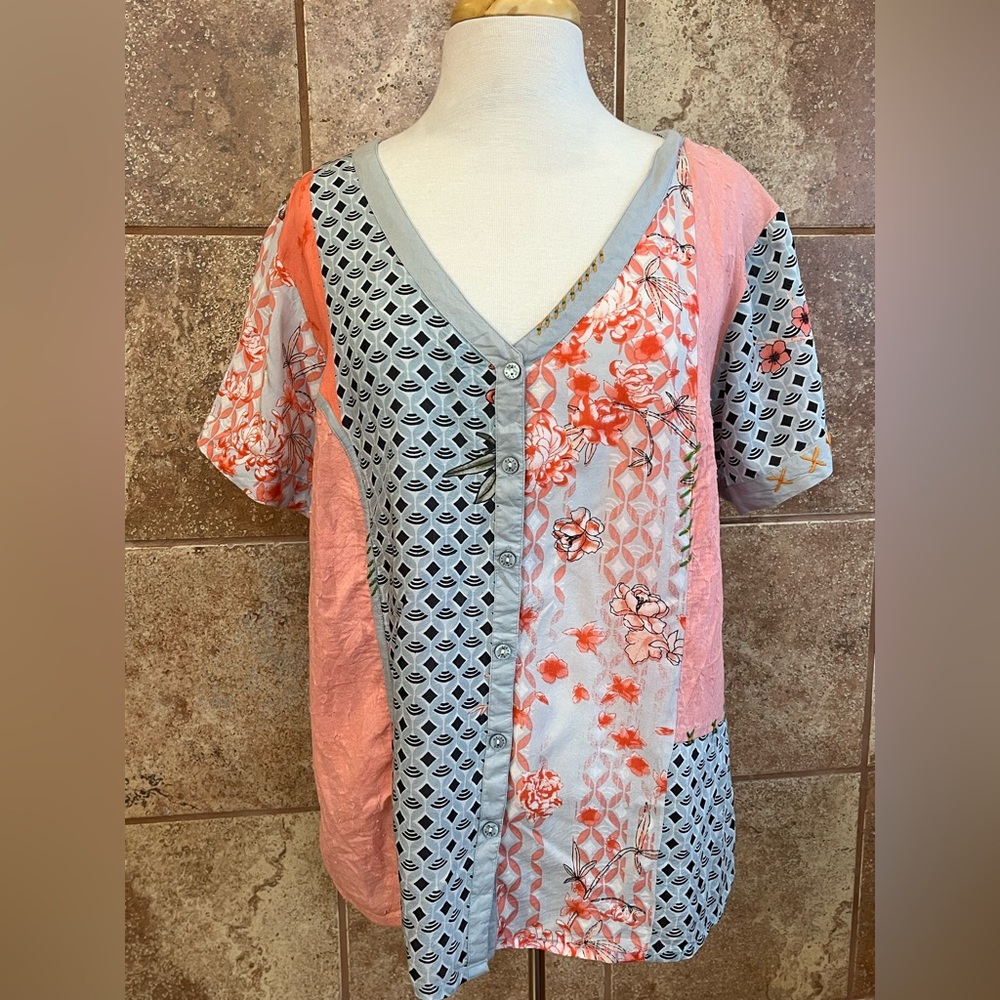 Orientique Naturally Australian Button Front Mixed Print Short Sleeve Top Sz XL